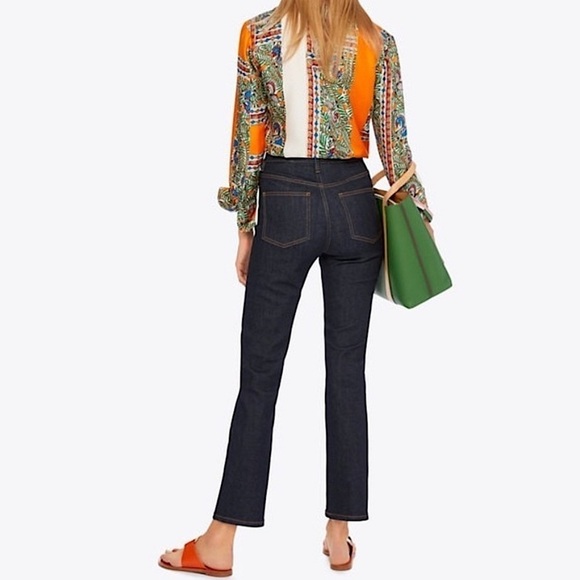 Tory Burch Button Fly High Waisted Ankle Jean Dark Wash Blue 24 - Picture 2 of 10